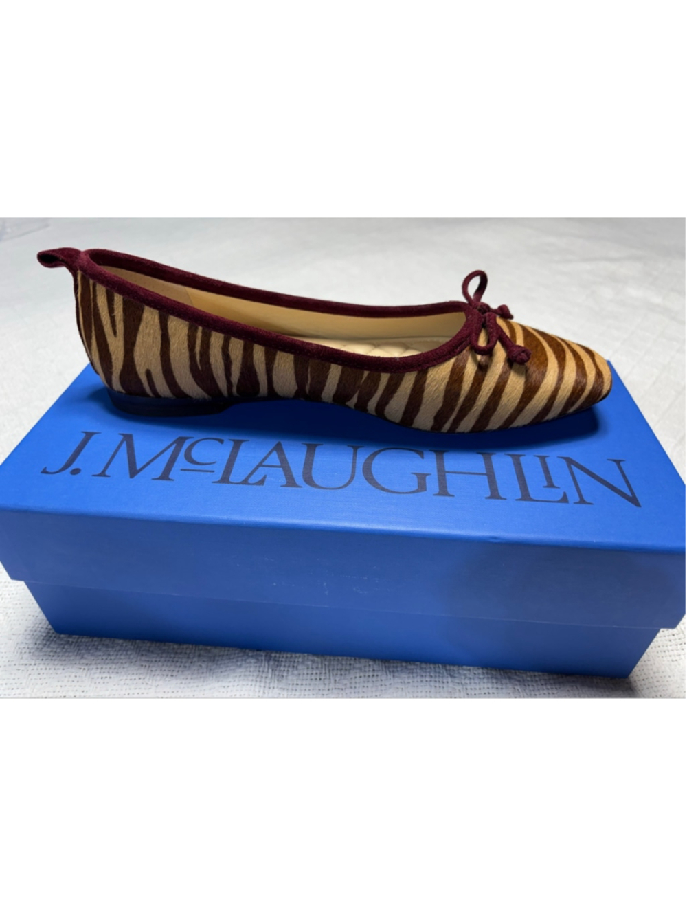 J. McLaughlin Anastasia Zebra Calf Hair Ballet Flats Brown Burgundy Bow NWD 7 - Picture 1 of 8